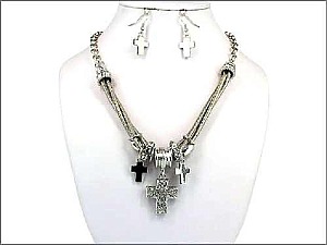OS03034RDCRY Designer Cross With Stone Necklace 18" Set