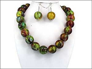OS02946RDGRN TIE DYE BEAD 18' SET NECKLACE (Green Theme)