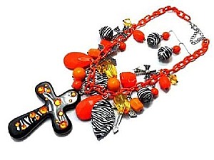 QNE5076OR  Zebra Print Cross Necklace Set