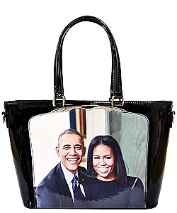 OBAMA MAGAZINE PRINT PATENT TOTE WITH GOLD EMBELLISHED COMPARTMENT JP-PA00463