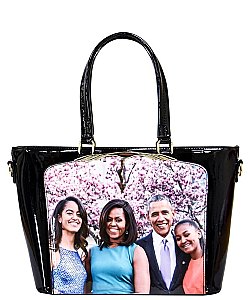 OBAMA MAGAZINE PRINT PATENT TOTE WITH GOLD EMBELLISHED COMPARTMENT JP-PA00465