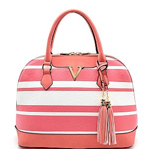 PJ7110-LP V-Shaped Hardware Tassel Striped Dome Satchel