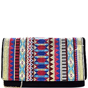 PP5171-LP Aztec Theme Embroidery Suede Flap Clutch
