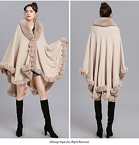 Winter Warm Poncho Cashmere Shawl Cape With Fur