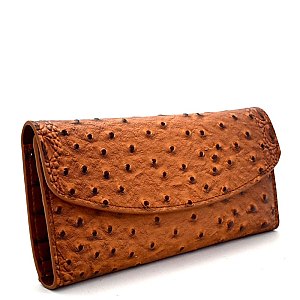 W020OTSK-LP Ostrich Print Embossed 15-Card-Slot Trifold Wallet with Checkbook Holder