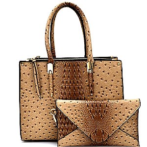 WE0017-LP Ostrich Print 2 in 1 Satchel SET