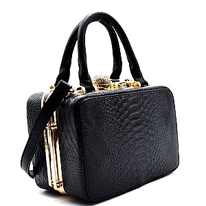8135-LP Snake Print Embossed Jewel-top Medium Size Satchel