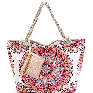 Tribal Print Canvas Rope Handle Shopper Tote with Pouch