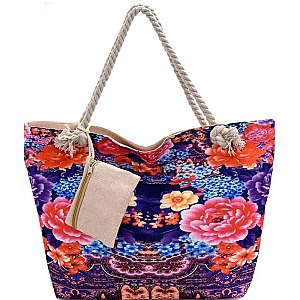 YM1190-LP Flower Print Canvas Rope Handle Shopper Tote with Pouch