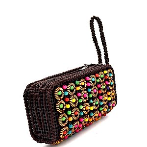 YW3243-LP Unique Handmade Colorful Wooden Bead Straw Ethnic Pouch