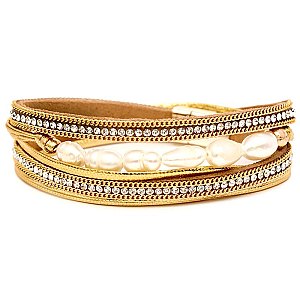 ZB1256-LP Freshwater Pearl Layered Leather Magnetic Finish Bracelet