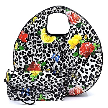 Glossy Leopard Flower Printed 2-in-1 Satchel & Wallet Set
