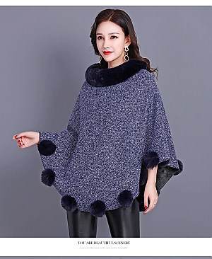 SOFT MONOCHROME FUR COLLAR FUR BALL ACCENT PONCHO