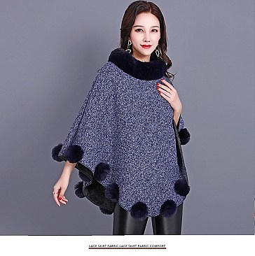 SOFT MONOCHROME FUR COLLAR FUR BALL ACCENT PONCHO