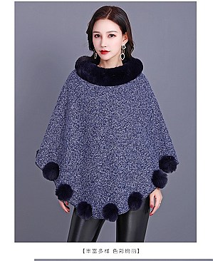 SOFT MONOCHROME FUR COLLAR FUR BALL ACCENT PONCHO