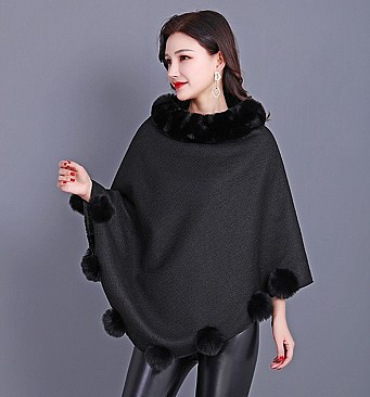 SOFT MONOCHROME FUR COLLAR FUR BALL ACCENT PONCHO