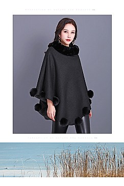 SOFT MONOCHROME FUR COLLAR FUR BALL ACCENT PONCHO