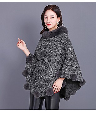 SOFT MONOCHROME FUR COLLAR FUR BALL ACCENT PONCHO