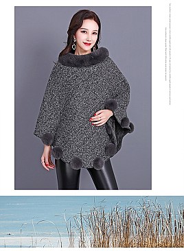 SOFT MONOCHROME FUR COLLAR FUR BALL ACCENT PONCHO