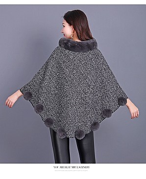 SOFT MONOCHROME FUR COLLAR FUR BALL ACCENT PONCHO