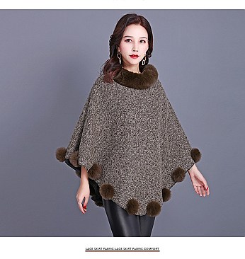 SOFT MONOCHROME FUR COLLAR FUR BALL ACCENT PONCHO