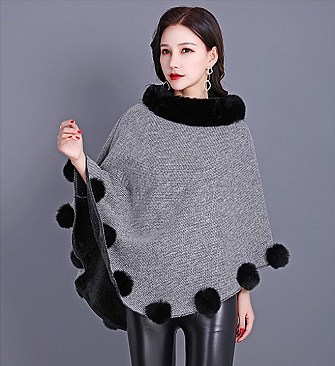 SOFT MONOCHROME FUR COLLAR FUR BALL ACCENT PONCHO