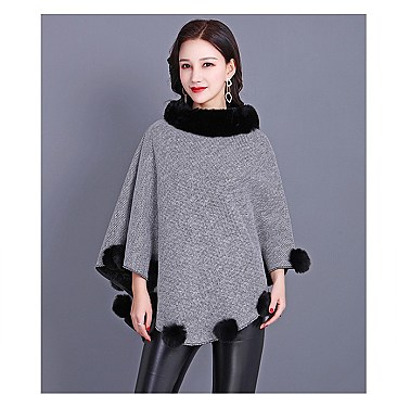 SOFT MONOCHROME FUR COLLAR FUR BALL ACCENT PONCHO