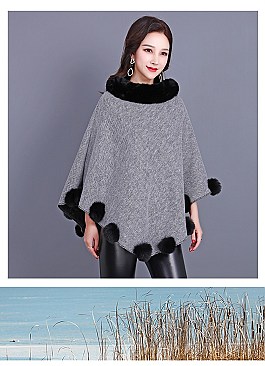 SOFT MONOCHROME FUR COLLAR FUR BALL ACCENT PONCHO