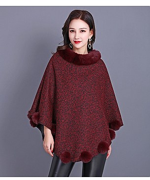 SOFT MONOCHROME FUR COLLAR FUR BALL ACCENT PONCHO