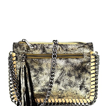 F00202-LP Tassel Chain Accent Metallic Cross Body Shoulder Bag