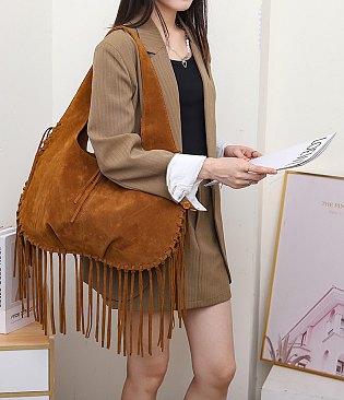 Suede Fringe Hobo Shoulder Bag