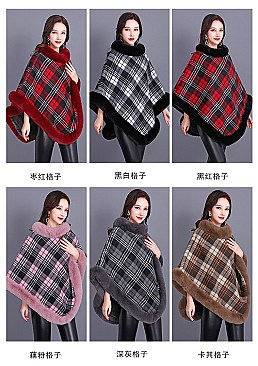 COMFY SOFT CHECKERED FUR ACCENT PONCHO