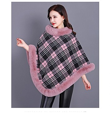 COMFY SOFT CHECKERED FUR ACCENT PONCHO