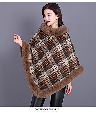 COMFY SOFT CHECKERED FUR ACCENT PONCHO