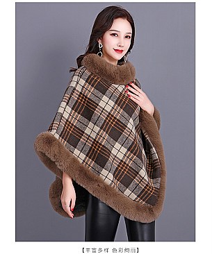 COMFY SOFT CHECKERED FUR ACCENT PONCHO