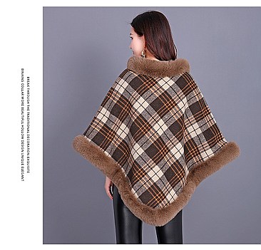 COMFY SOFT CHECKERED FUR ACCENT PONCHO