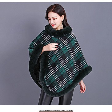 COMFY SOFT CHECKERED FUR ACCENT PONCHO