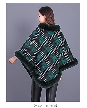 COMFY SOFT CHECKERED FUR ACCENT PONCHO