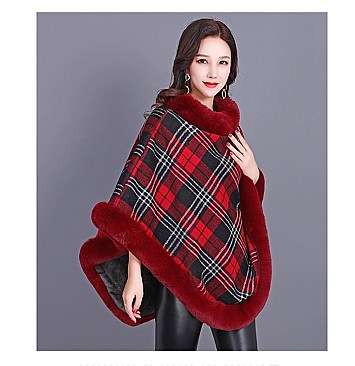 COMFY SOFT CHECKERED FUR ACCENT PONCHO
