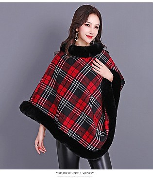 COMFY SOFT CHECKERED FUR ACCENT PONCHO