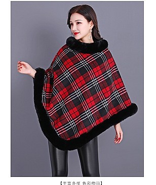 COMFY SOFT CHECKERED FUR ACCENT PONCHO