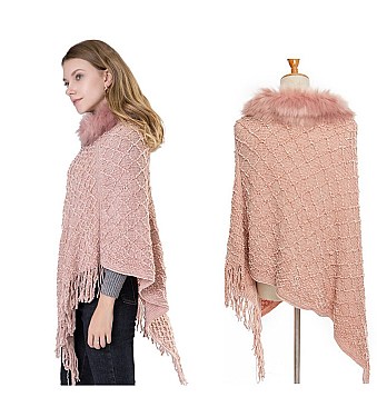 ELEGANT FUR COLLAR FRINGED PONCHO