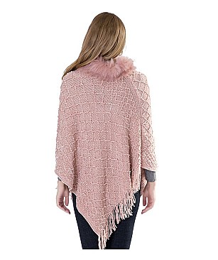 ELEGANT FUR COLLAR FRINGED PONCHO