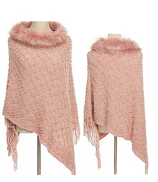 ELEGANT FUR COLLAR FRINGED PONCHO