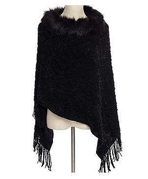 ELEGANT FUR COLLAR FRINGED PONCHO