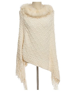 ELEGANT FUR COLLAR FRINGED PONCHO