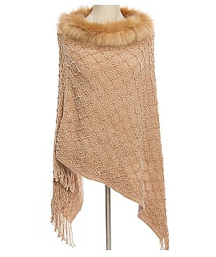 ELEGANT FUR COLLAR FRINGED PONCHO