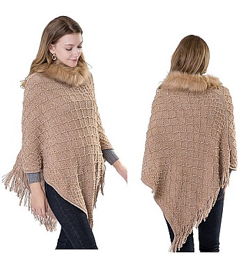 ELEGANT FUR COLLAR FRINGED PONCHO