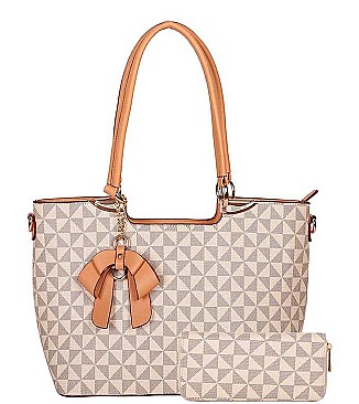 2IN1 FASHION RIBBON CHECKERED TOTE BAG WITH MATCHING WALLET