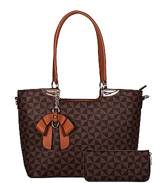 2IN1 FASHION RIBBON CHECKERED TOTE BAG WITH MATCHING WALLET